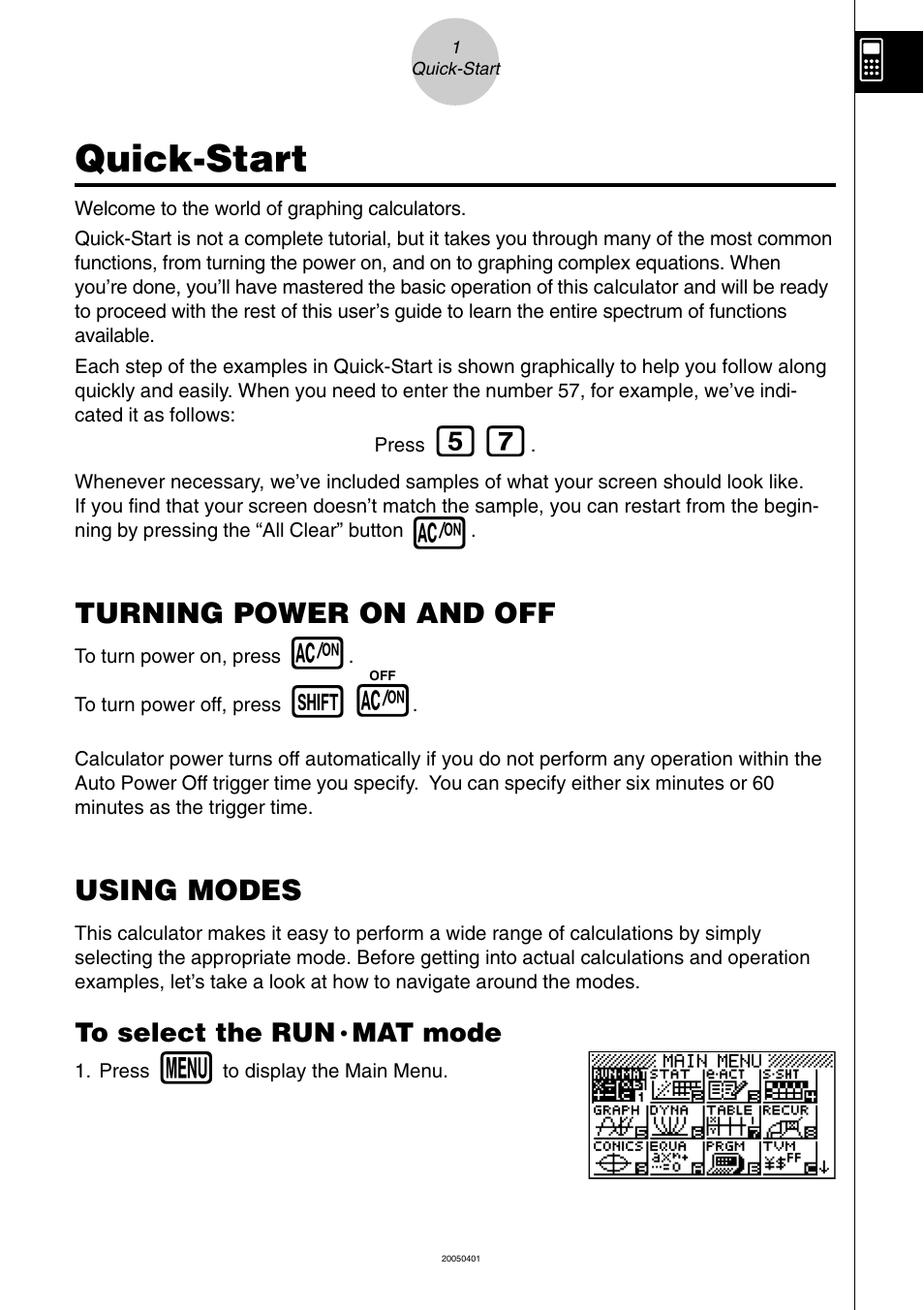 Quick-start, Turning power on and off, Using modes | Mat mode | Casio fx-9860G SD User Manual | Page 6 / 596