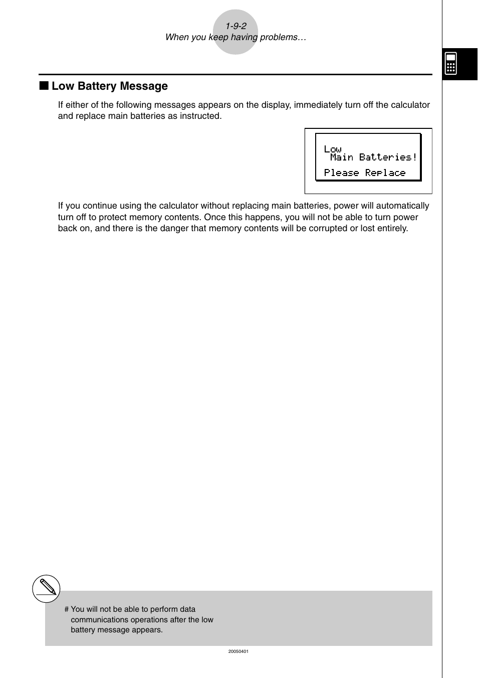 Kk low battery message | Casio fx-9860G SD User Manual | Page 65 / 596