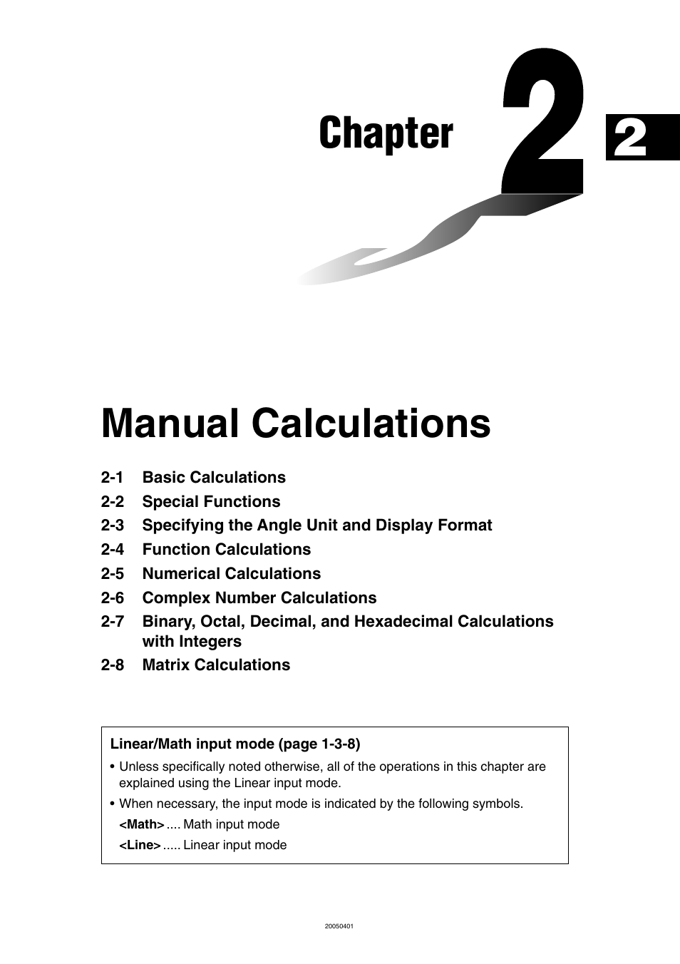 Chapter 2 manual calculations, Chapter 2, Manual calculations | Chapter | Casio fx-9860G SD User Manual | Page 66 / 596