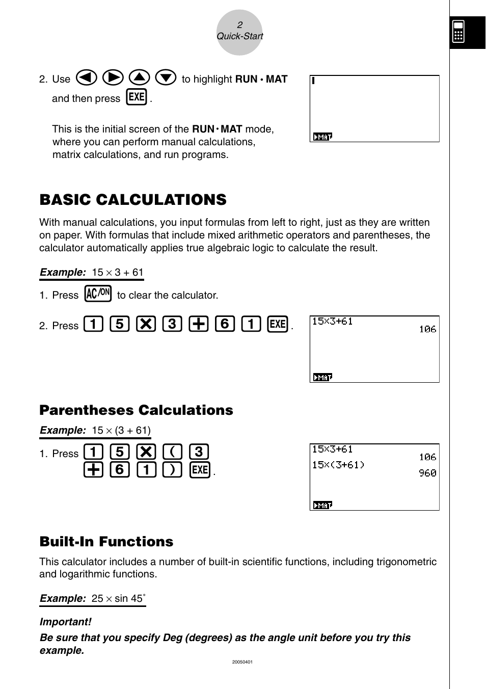 Basic calculations, Defc, Bf*d+gb w | Bf*(d +gb) w, Parentheses calculations, Built-in functions | Casio fx-9860G SD User Manual | Page 7 / 596