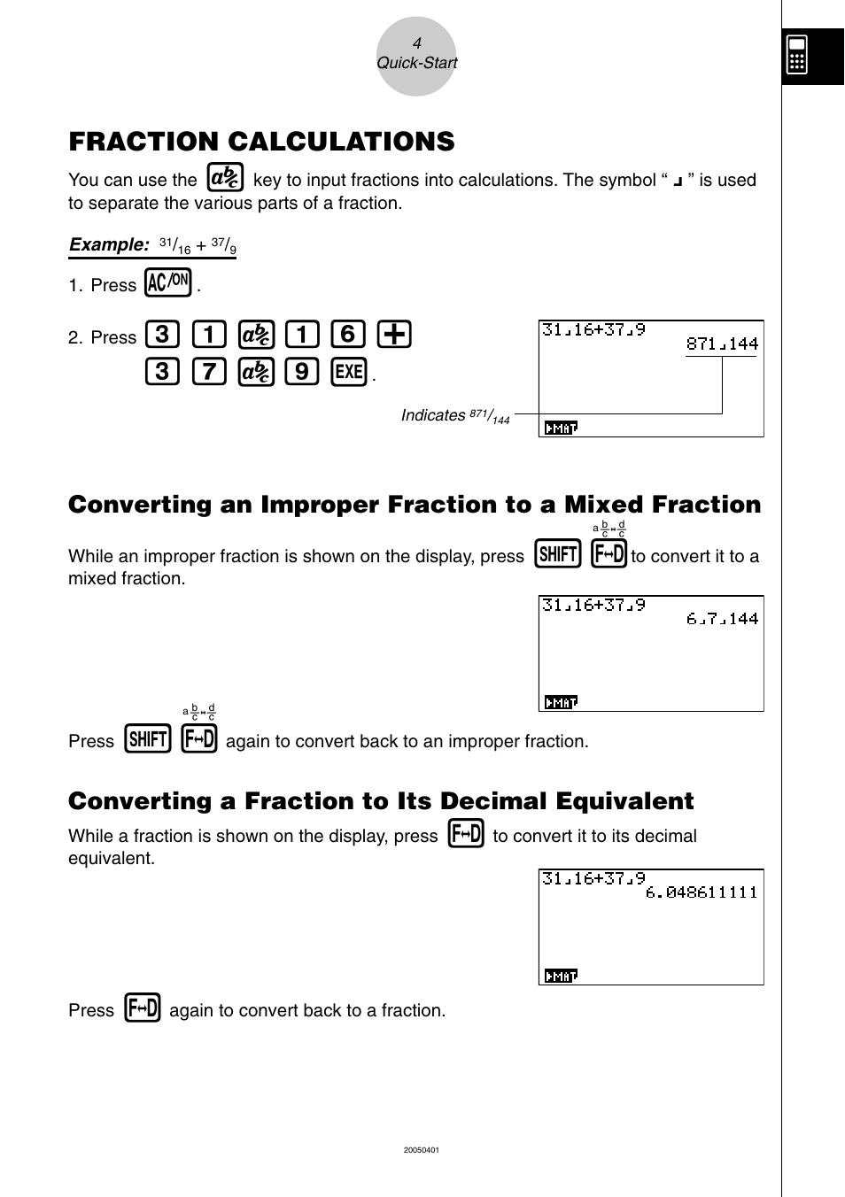 Fraction calculations, Db $bg+ dh $jw, Converting a fraction to its decimal equivalent | Casio fx-9860G SD User Manual | Page 9 / 596