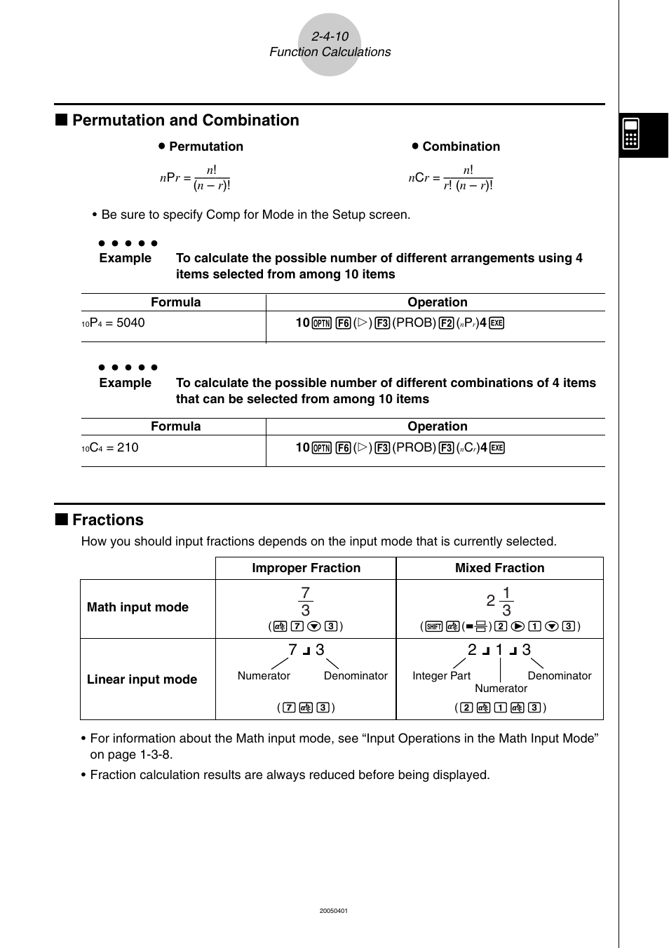 K permutation and combination, Kk fractions | Casio fx-9860G SD User Manual | Page 92 / 596