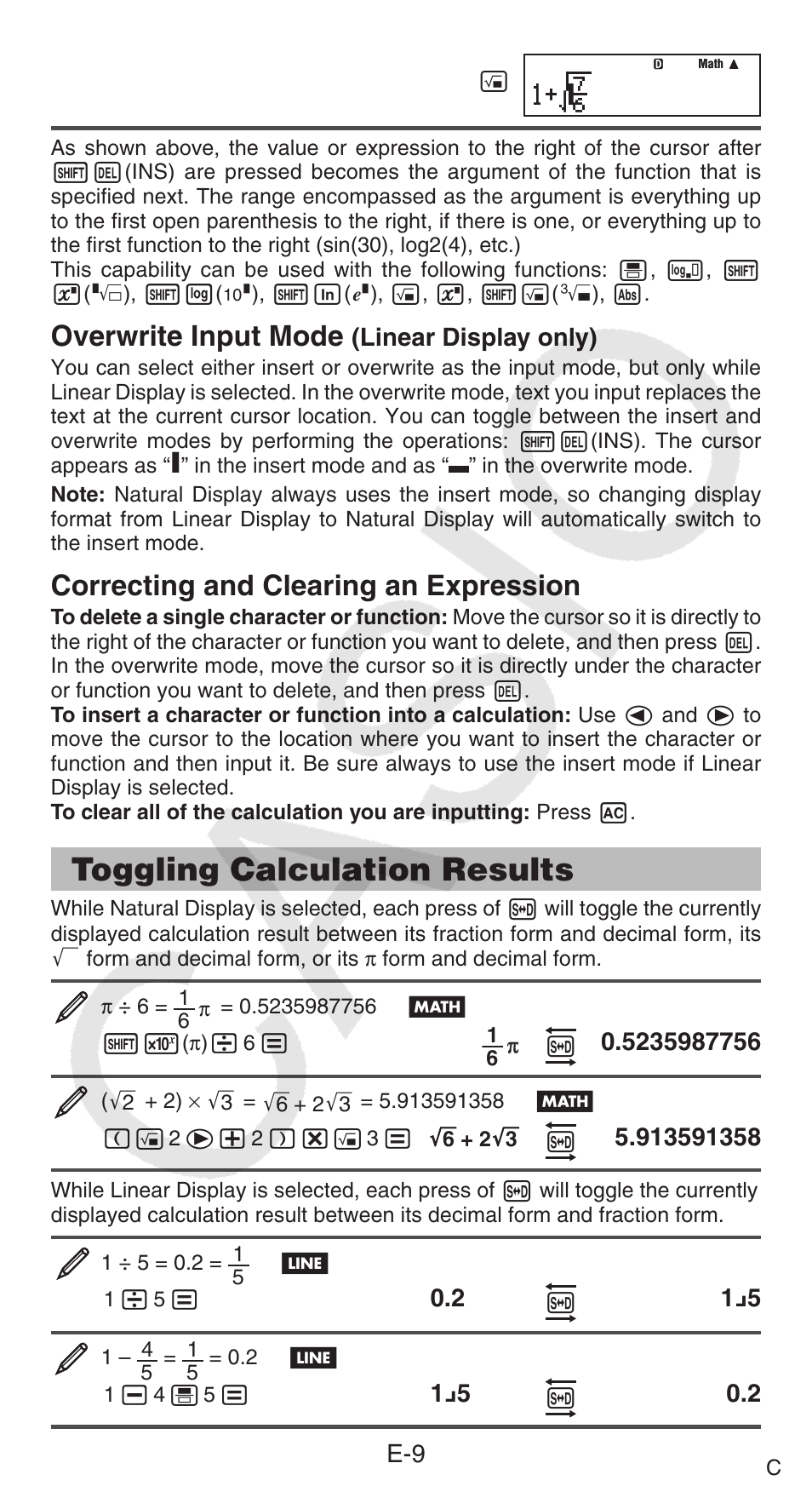 Toggling calculation results, Overwrite input mode, Correcting and clearing an expression | Casio FX-95ES PLUS  EN User Manual | Page 10 / 32