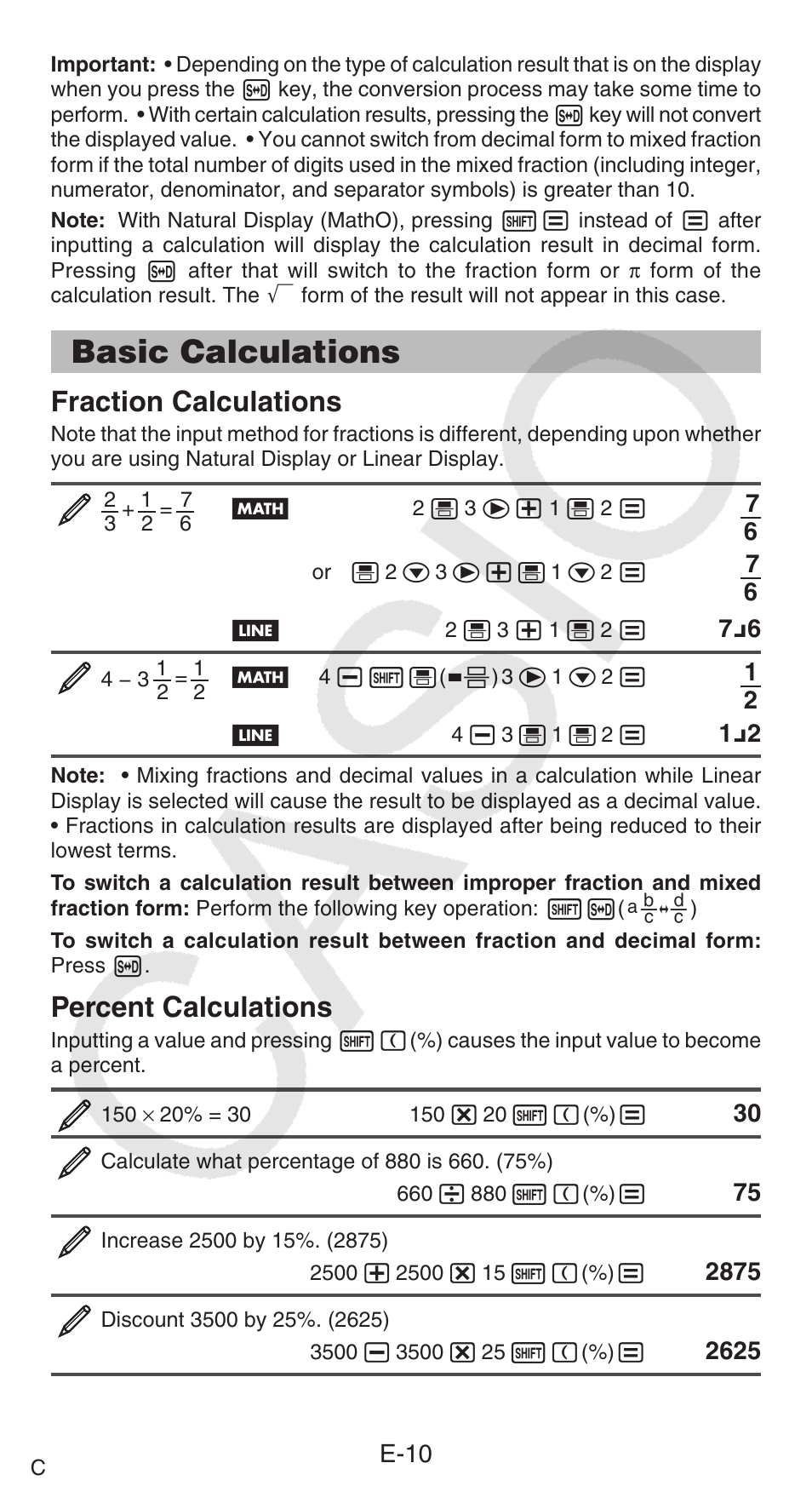 Basic calculations, Fraction calculations, Percent calculations | Casio FX-95ES PLUS  EN User Manual | Page 11 / 32
