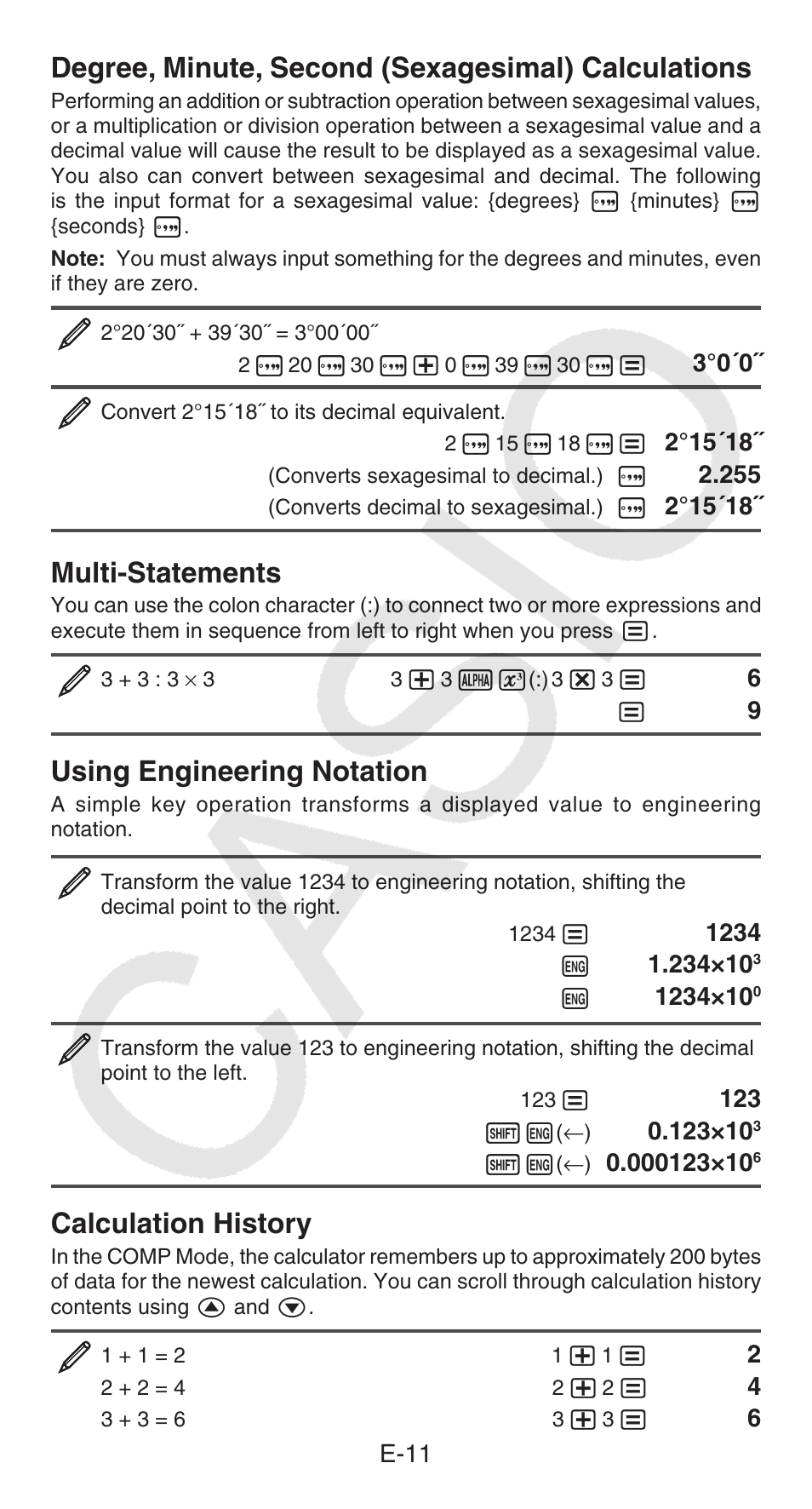 Degree, minute, second (sexagesimal) calculations, Multi-statements, Using engineering notation | Calculation history | Casio FX-95ES PLUS  EN User Manual | Page 12 / 32