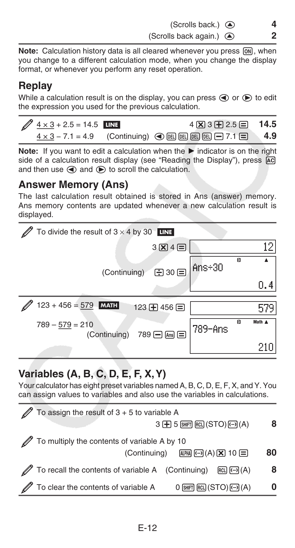 Replay, Variables (a, b, c, d, e, f, x, y), E-12 | Casio FX-95ES PLUS  EN User Manual | Page 13 / 32