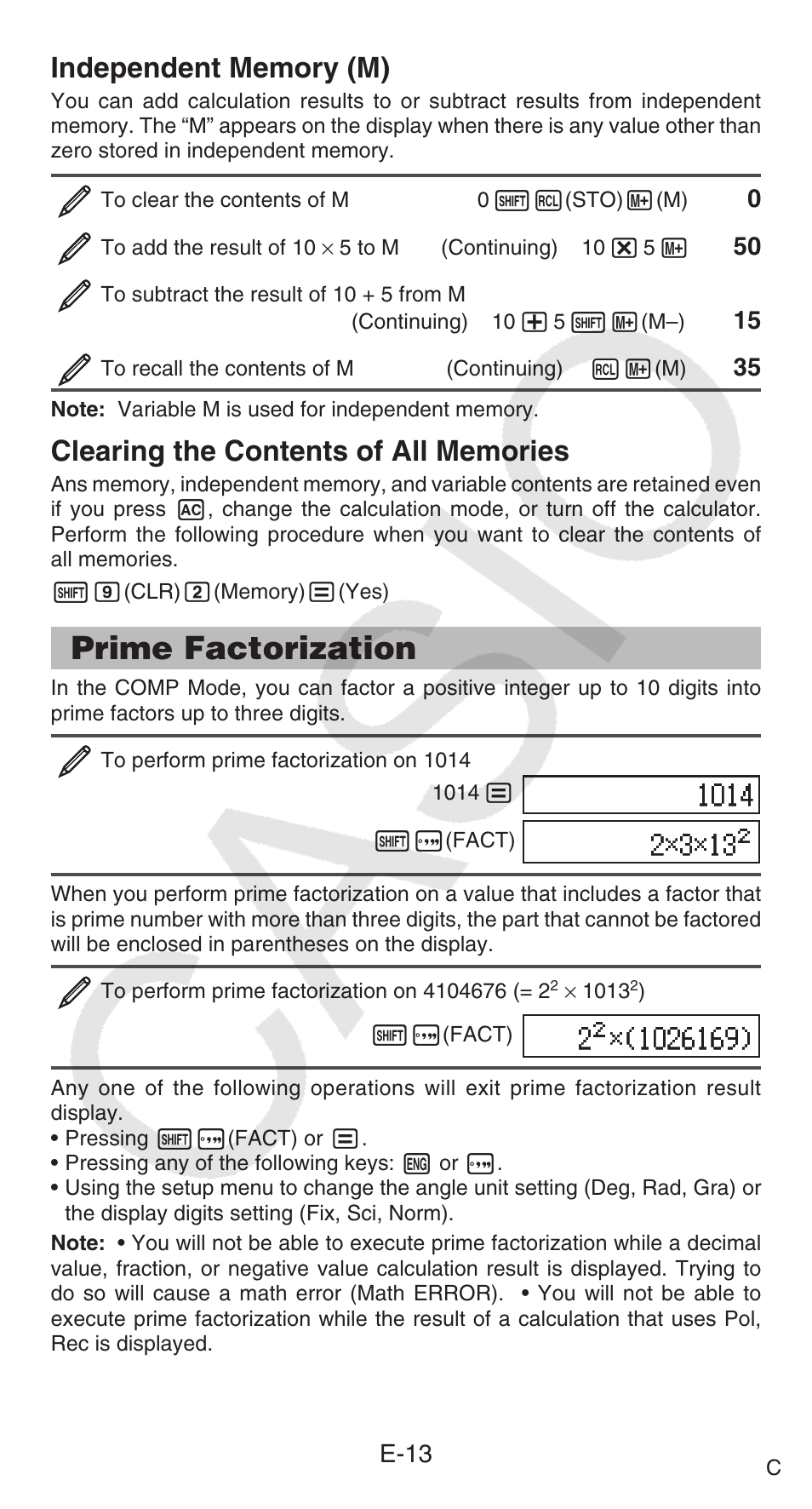 Prime factorization, E-13 | Casio FX-95ES PLUS  EN User Manual | Page 14 / 32