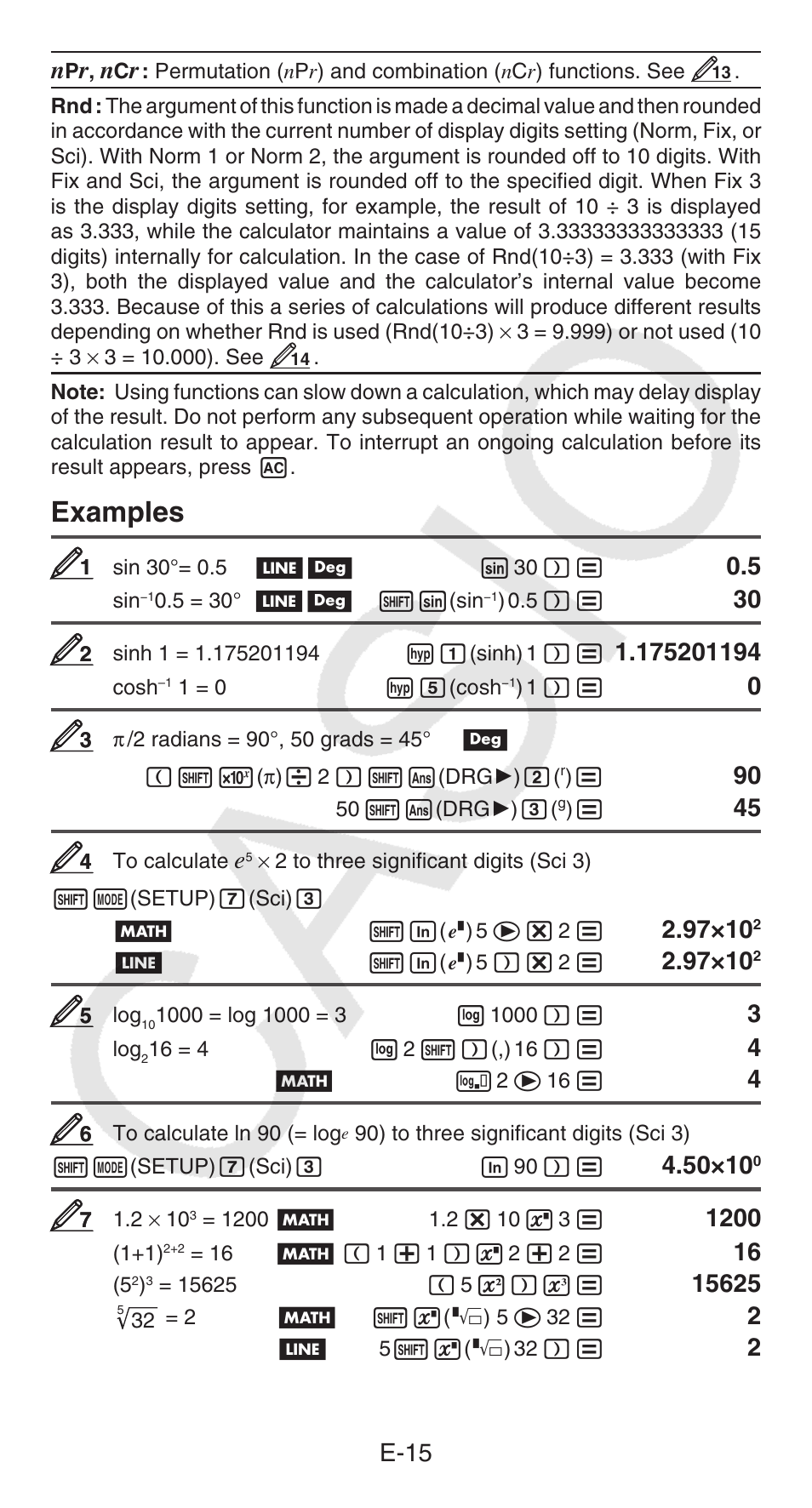 Examples, E-15 n, 97ч10 | Casio FX-95ES PLUS  EN User Manual | Page 16 / 32