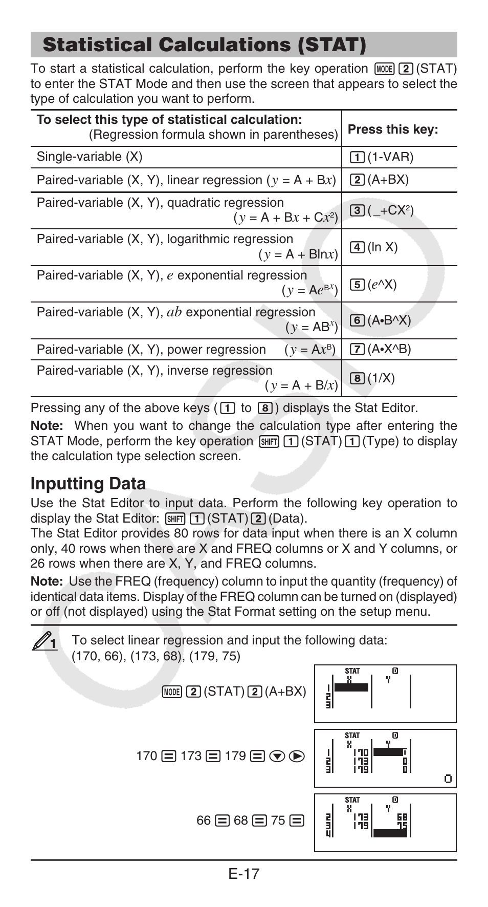 Statistical calculations (stat), Inputting data, E-17 | Casio FX-95ES PLUS  EN User Manual | Page 18 / 32