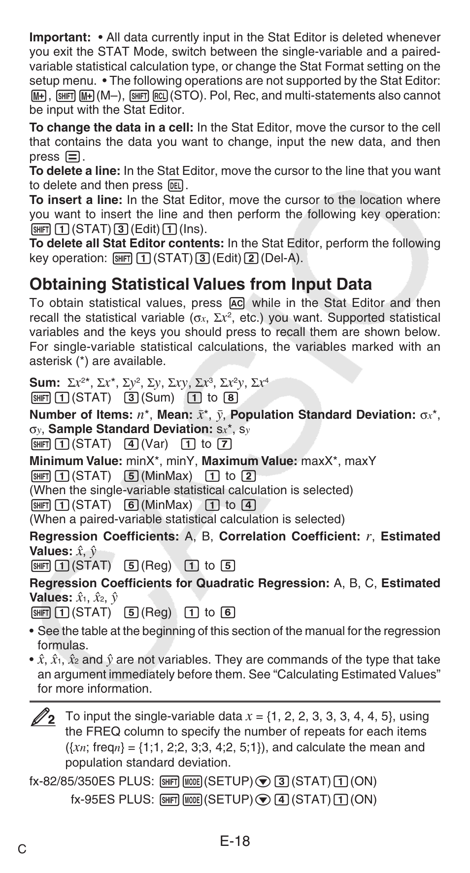 Obtaining statistical values from input data, E-18 | Casio FX-95ES PLUS  EN User Manual | Page 19 / 32