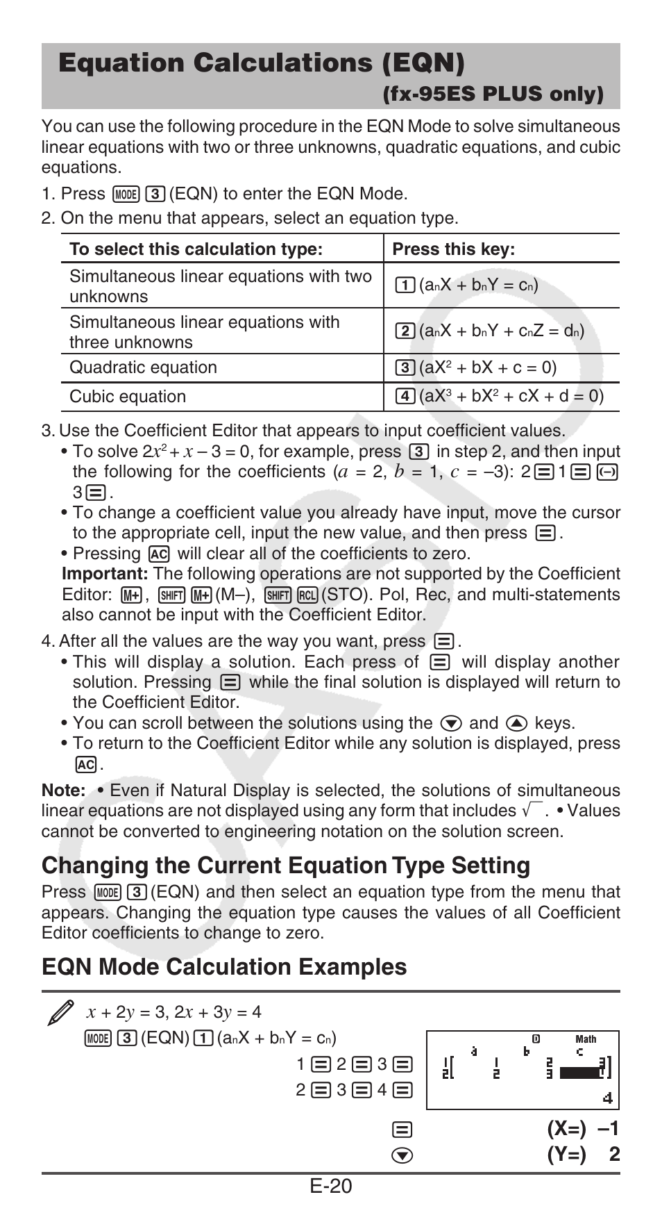 Equation calculations (eqn), Fx-95es plus only), Changing the current equation type setting | Eqn mode calculation examples, E-20, X=) –1, Y=) 2 | Casio FX-95ES PLUS  EN User Manual | Page 21 / 32