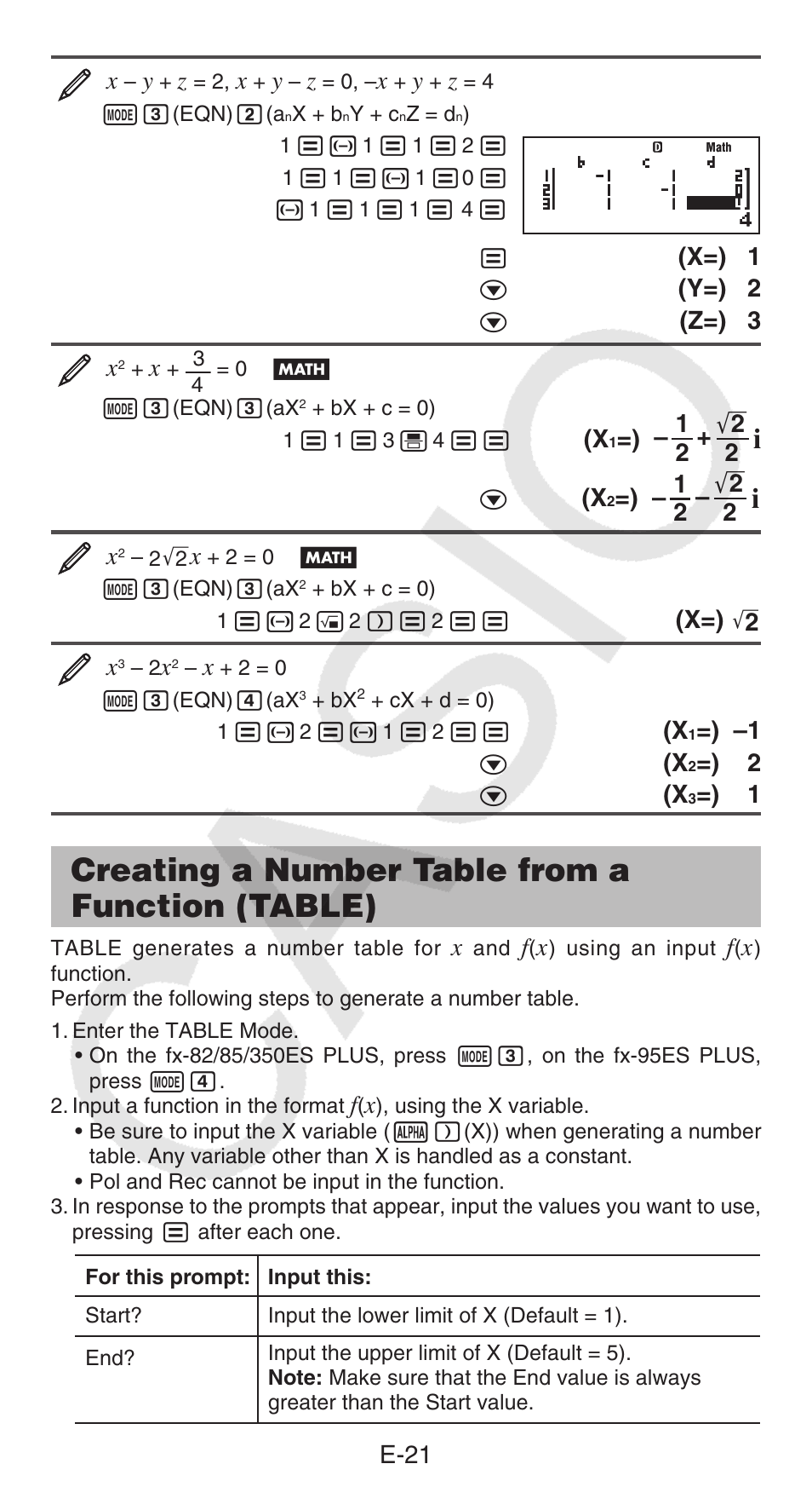 Creating a number table from a function (table), E-21, X=) 1 | Y=) 2, Z=) 3 | Casio FX-95ES PLUS  EN User Manual | Page 22 / 32