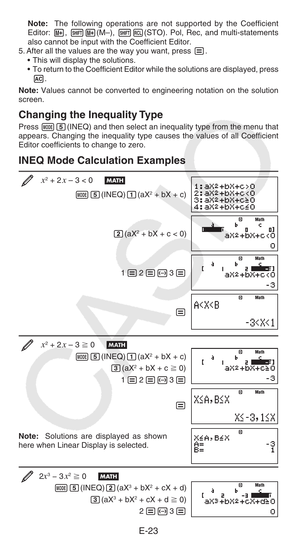 Changing the inequality type, Ineq mode calculation examples, E-23 | Casio FX-95ES PLUS  EN User Manual | Page 24 / 32