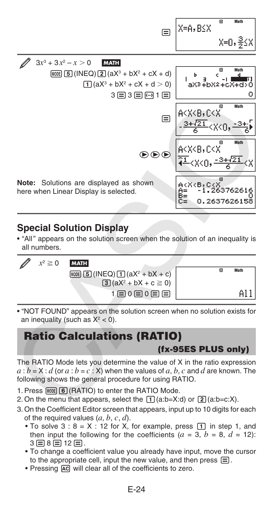 Ratio calculations (ratio), Fx-95es plus only), Special solution display | E-24 | Casio FX-95ES PLUS  EN User Manual | Page 25 / 32