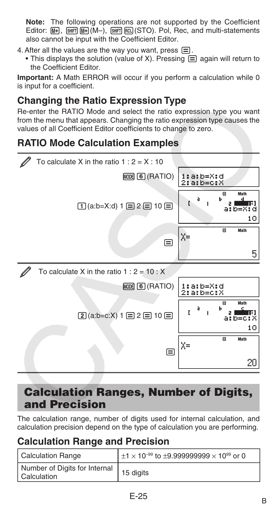 Changing the ratio expression type, Ratio mode calculation examples, Calculation range and precision | E-25 | Casio FX-95ES PLUS  EN User Manual | Page 26 / 32