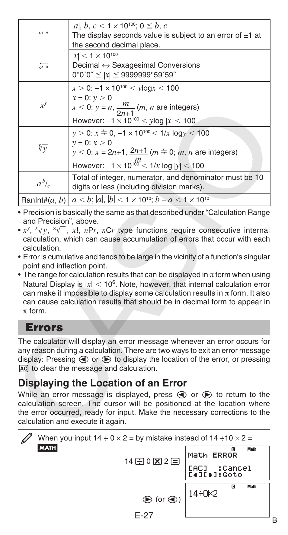 Errors, Displaying the location of an error, E-27 | Casio FX-95ES PLUS  EN User Manual | Page 28 / 32