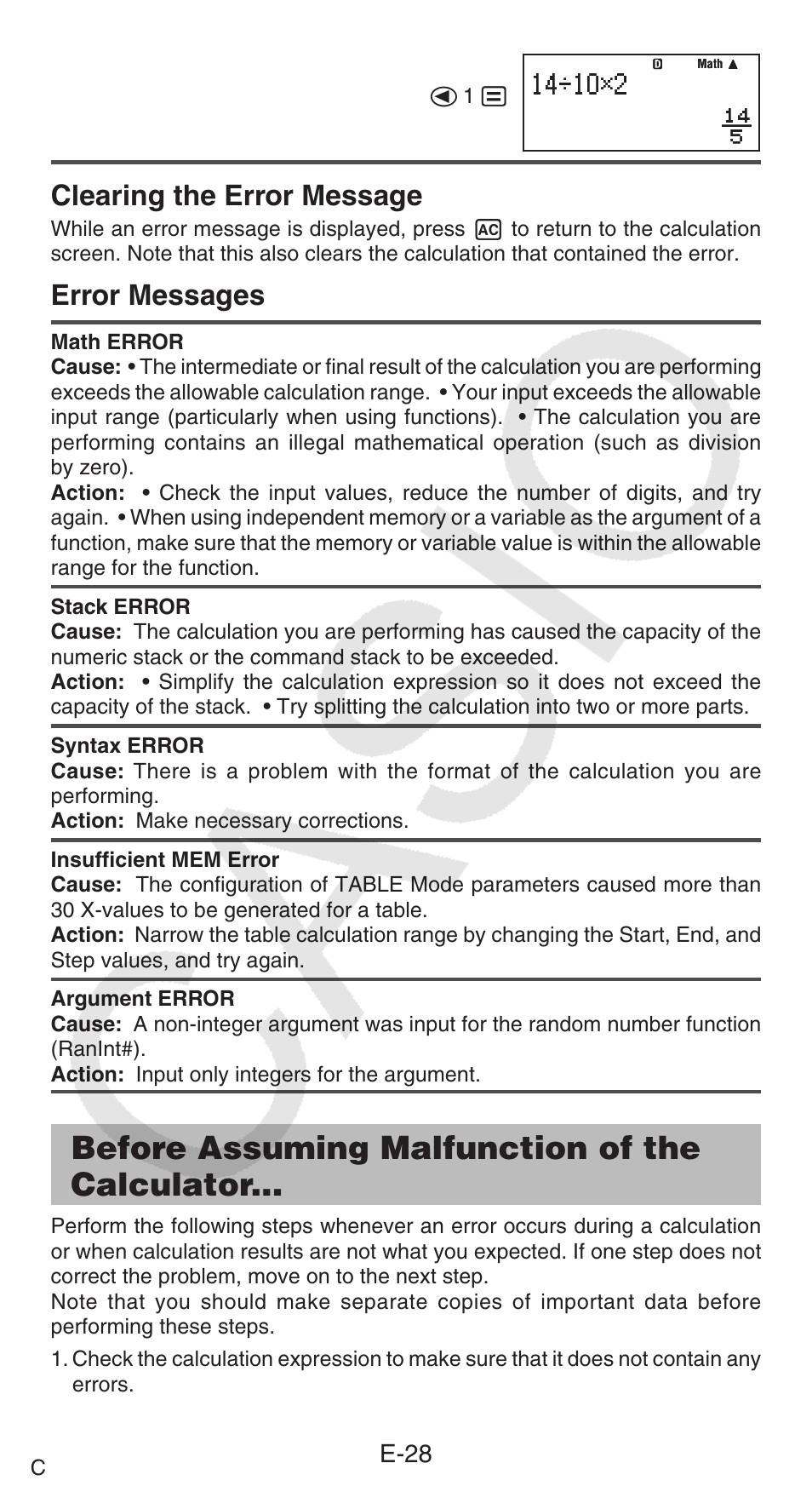 Before assuming malfunction of the calculator, Clearing the error message, Error messages | E-28 | Casio FX-95ES PLUS  EN User Manual | Page 29 / 32