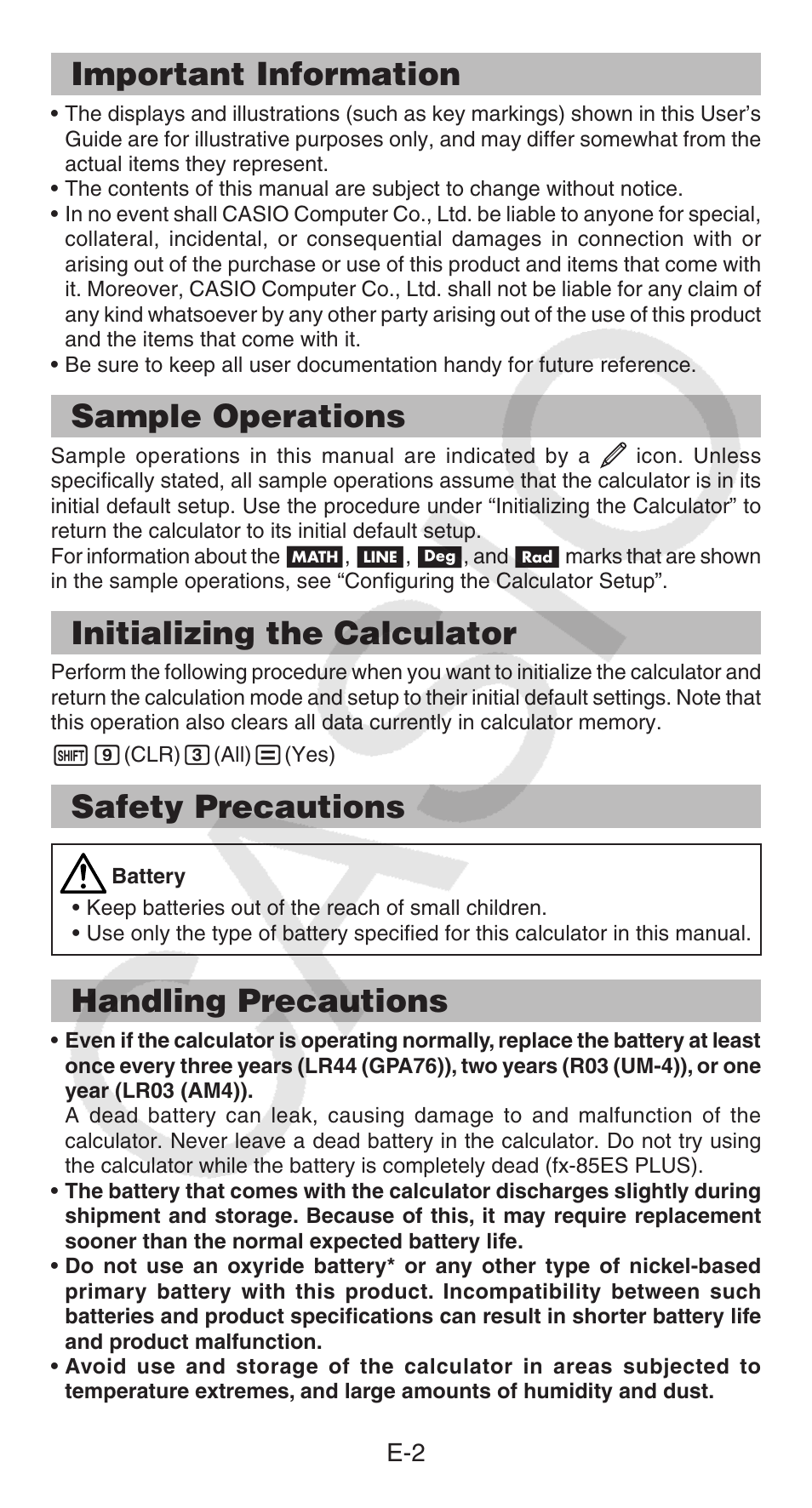 Important information, Sample operations, Initializing the calculator | Safety precautions, Handling precautions | Casio FX-95ES PLUS  EN User Manual | Page 3 / 32