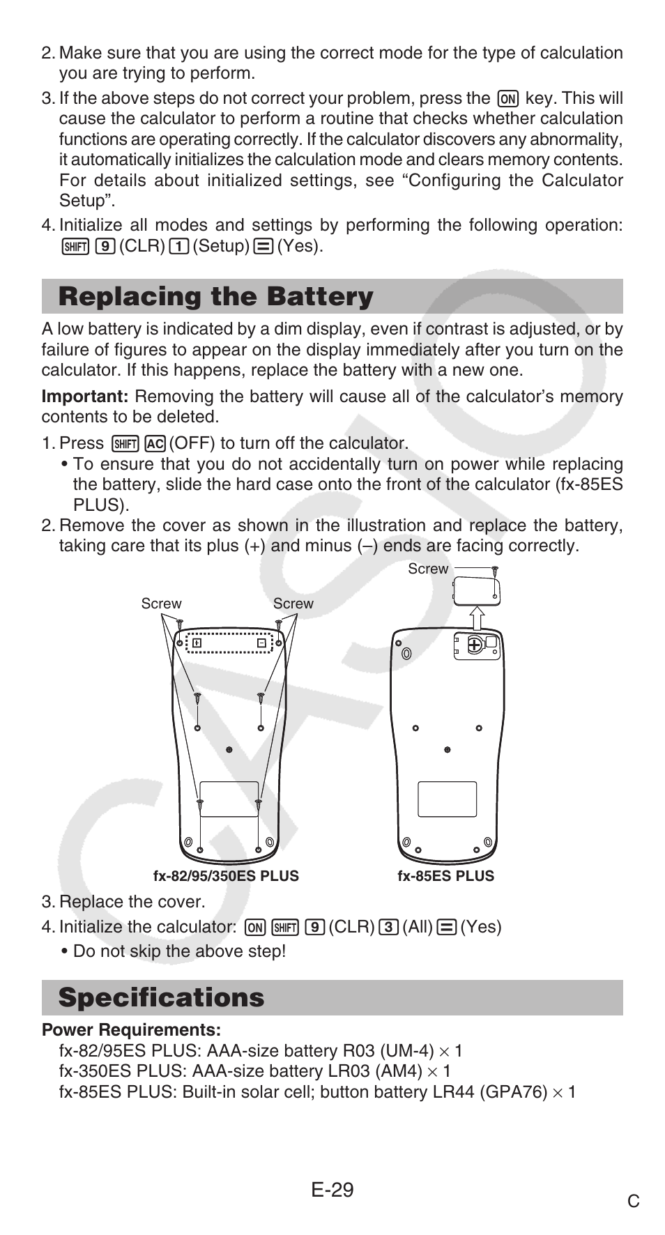 Replacing the battery, Specifications, E-29 | Casio FX-95ES PLUS  EN User Manual | Page 30 / 32