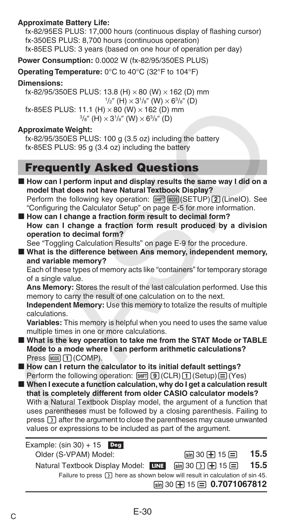 Frequently asked questions, E-30 | Casio FX-95ES PLUS  EN User Manual | Page 31 / 32