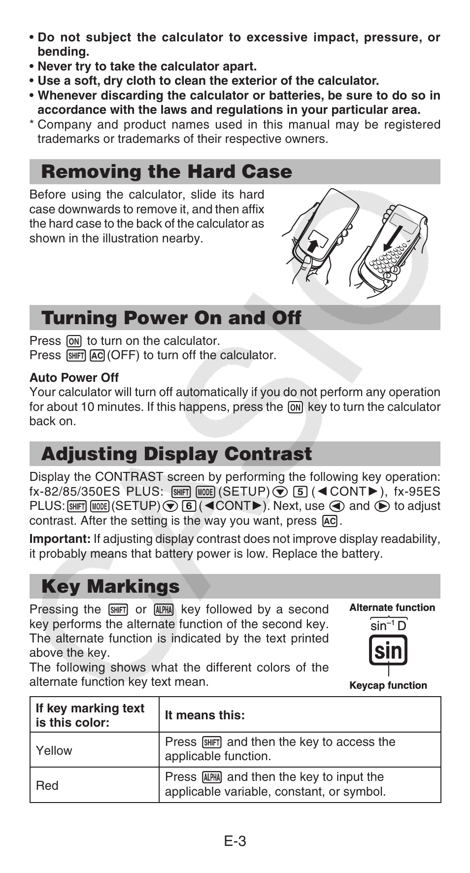 Removing the hard case, Turning power on and off, Adjusting display contrast | Key markings | Casio FX-95ES PLUS  EN User Manual | Page 4 / 32
