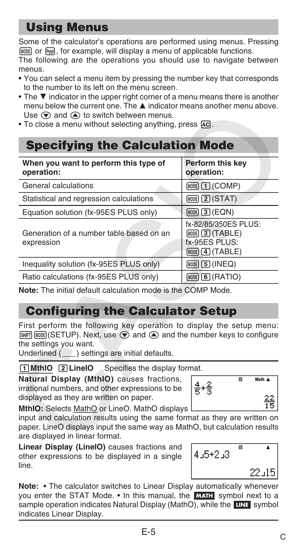 Using menus, Specifying the calculation mode, Configuring the calculator setup | Casio FX-95ES PLUS  EN User Manual | Page 6 / 32