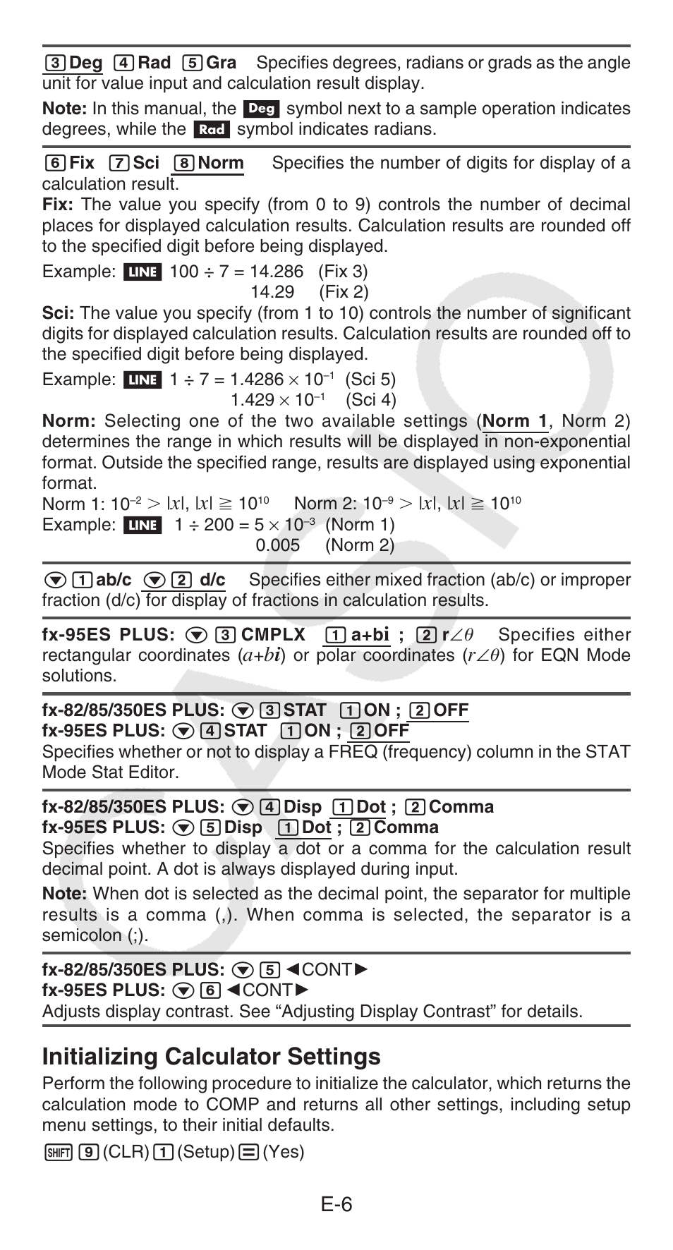 Initializing calculator settings | Casio FX-95ES PLUS  EN User Manual | Page 7 / 32