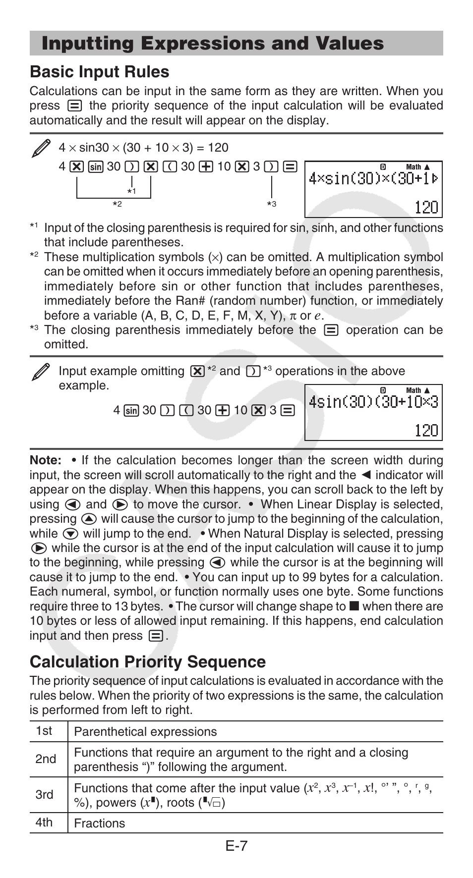Inputting expressions and values, Basic input rules, Calculation priority sequence | Casio FX-95ES PLUS  EN User Manual | Page 8 / 32