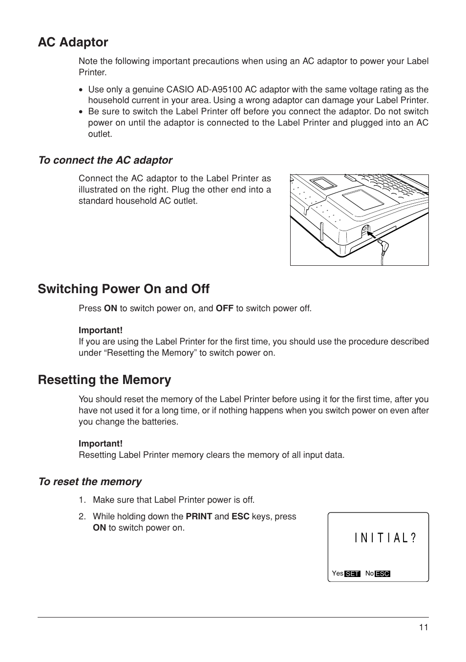 Initial, Ac adaptor, Switching power on and off | Casio KL-7000 User Manual | Page 12 / 81