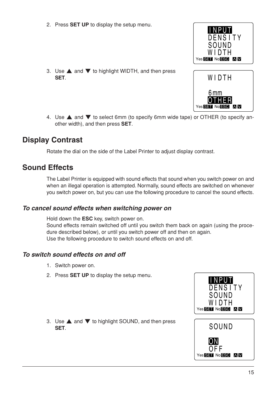 Input density sound width, Width 6mm other, Sound on off | Display contrast, Sound effects | Casio KL-7000 User Manual | Page 16 / 81