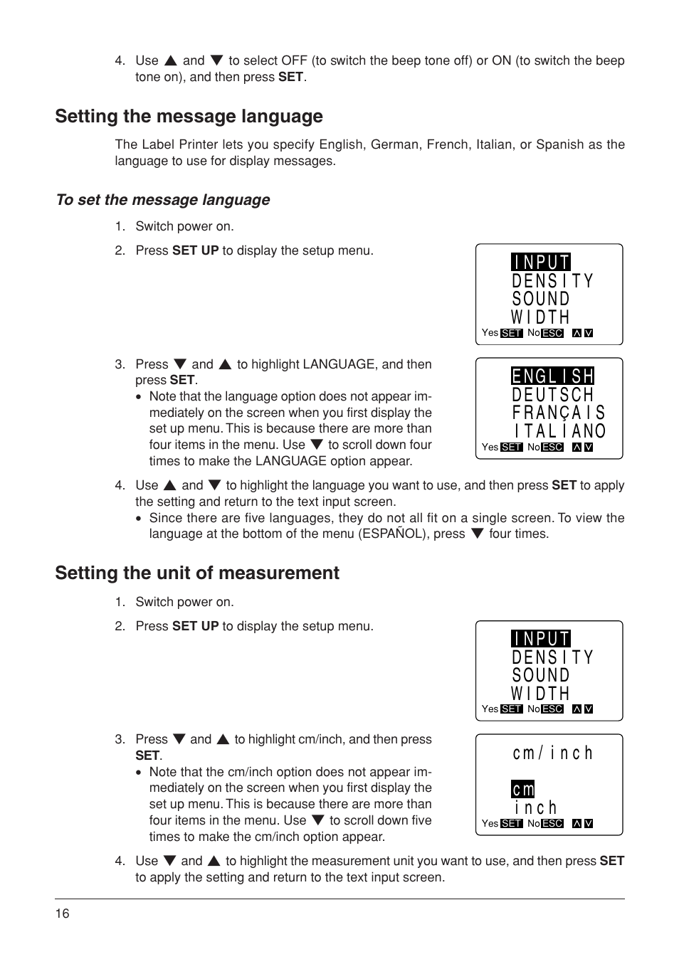 Input density sound width, Cm/inch cm inch, English deutsch fran | Ais italiano, Setting the message language, Setting the unit of measurement | Casio KL-7000 User Manual | Page 17 / 81