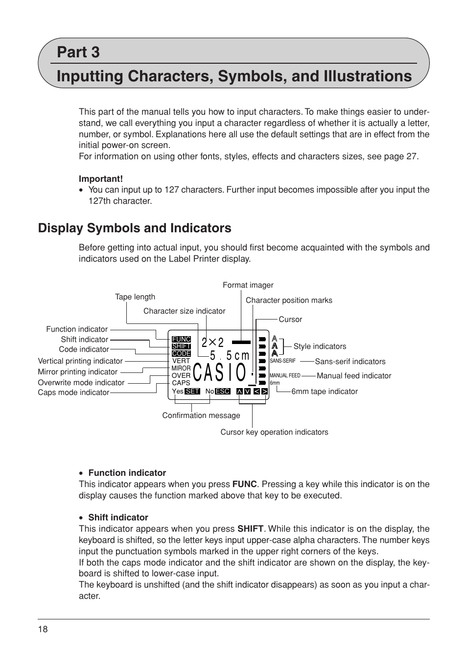 Casio, 25 5cm, Display symbols and indicators | Casio KL-7000 User Manual | Page 19 / 81