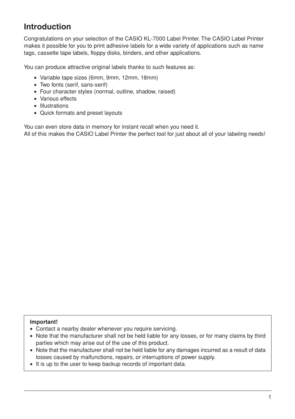 Introduction | Casio KL-7000 User Manual | Page 2 / 81
