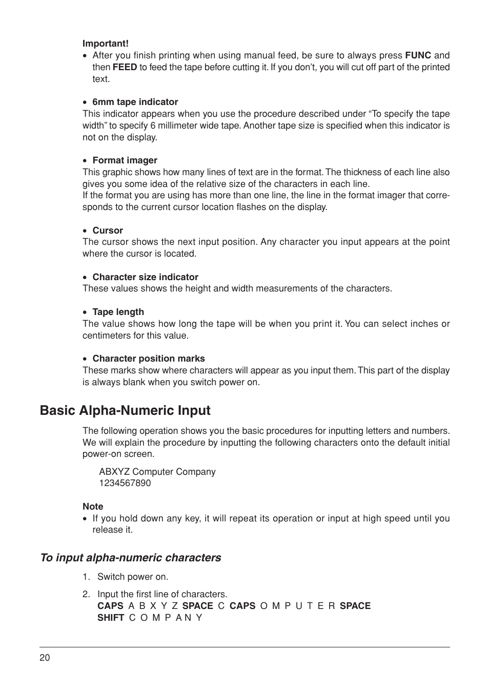 Basic alpha-numeric input | Casio KL-7000 User Manual | Page 21 / 81