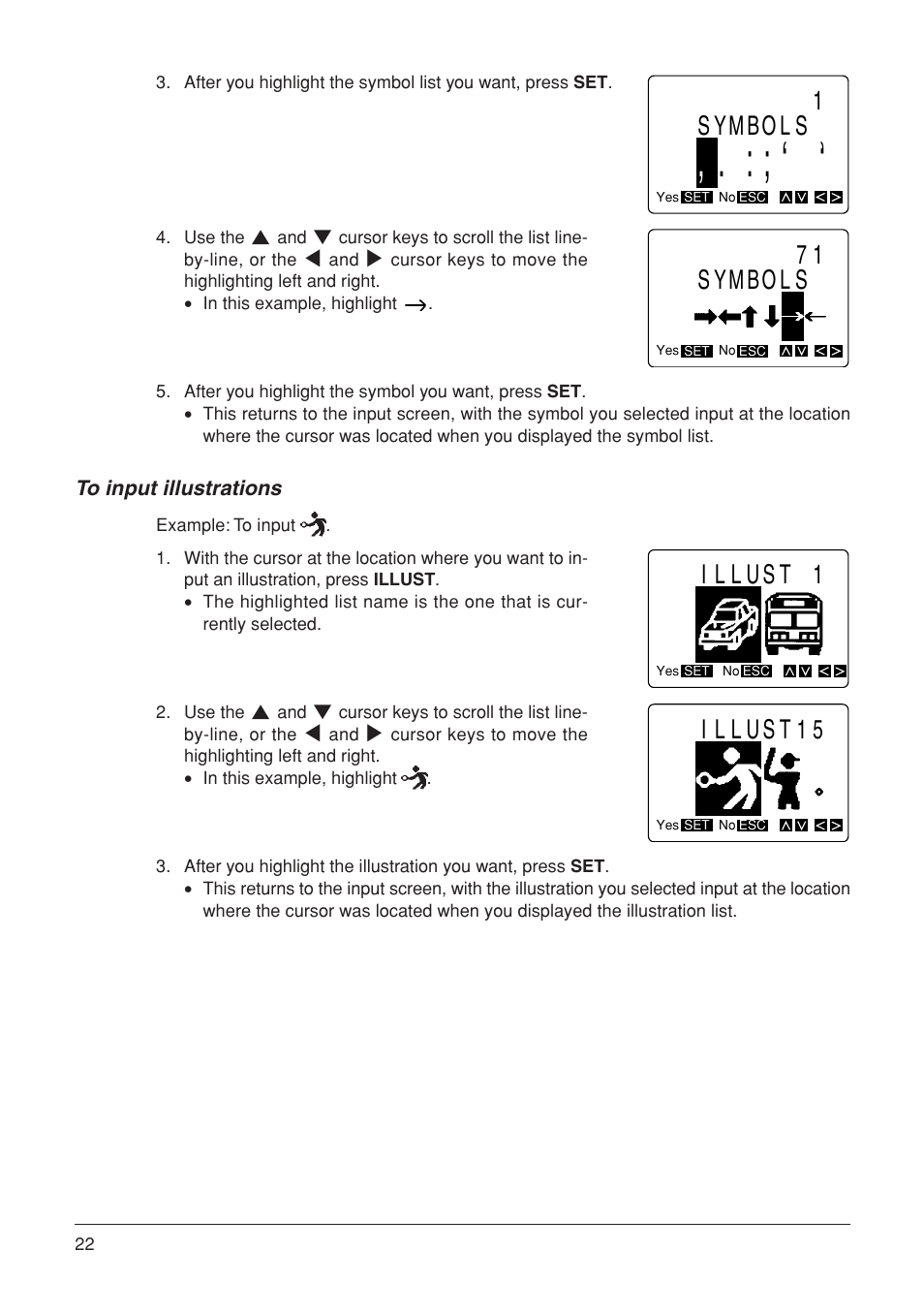 71 symbols, Illust 1, Illust15 | 1symbols | Casio KL-7000 User Manual | Page 23 / 81