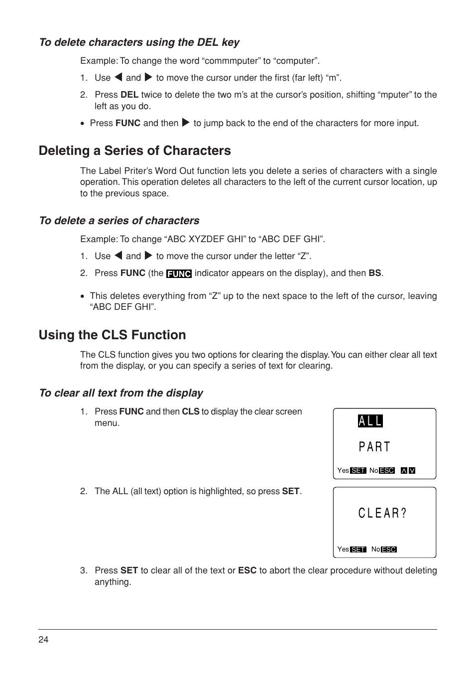 Clear, All part, Deleting a series of characters | Using the cls function | Casio KL-7000 User Manual | Page 25 / 81
