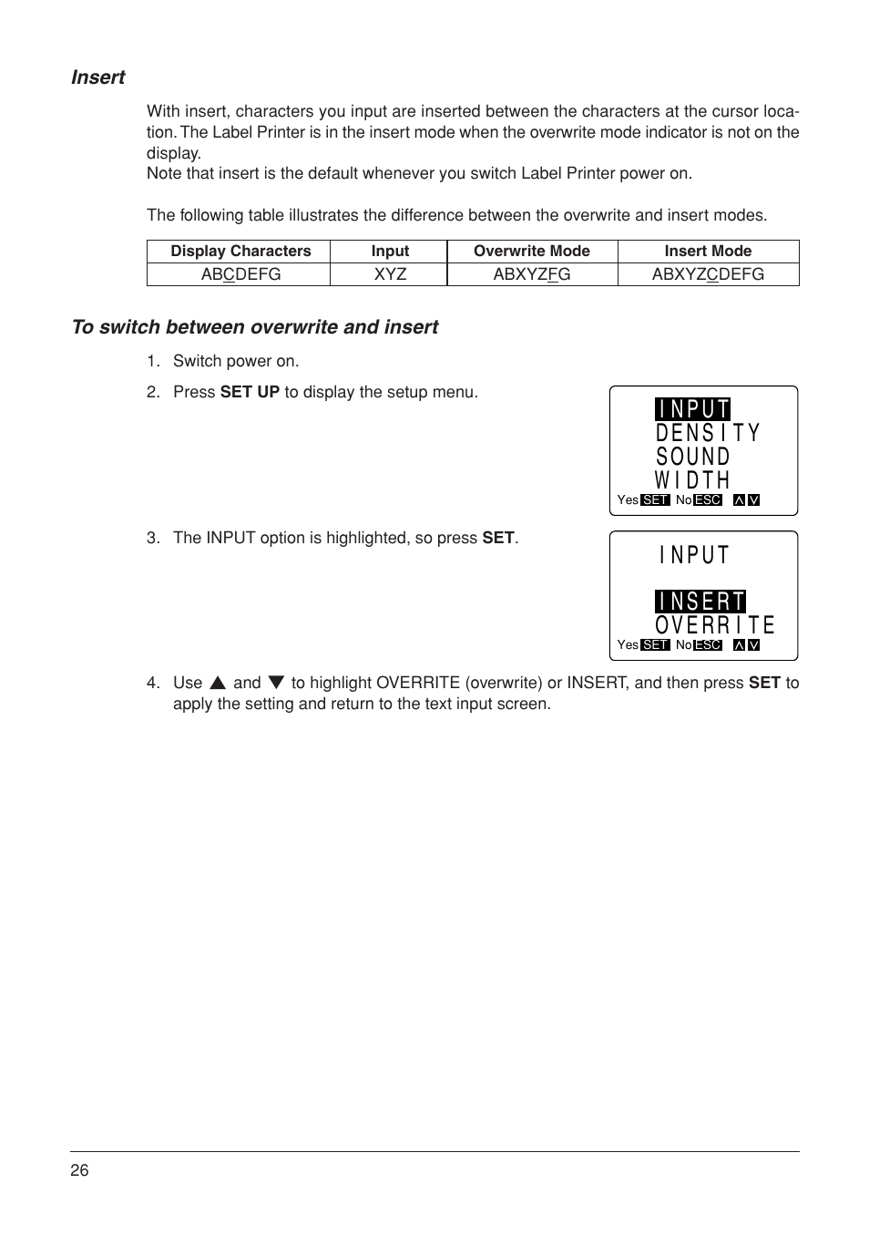 Input insert overrite, Input density sound width, Insert | Casio KL-7000 User Manual | Page 27 / 81
