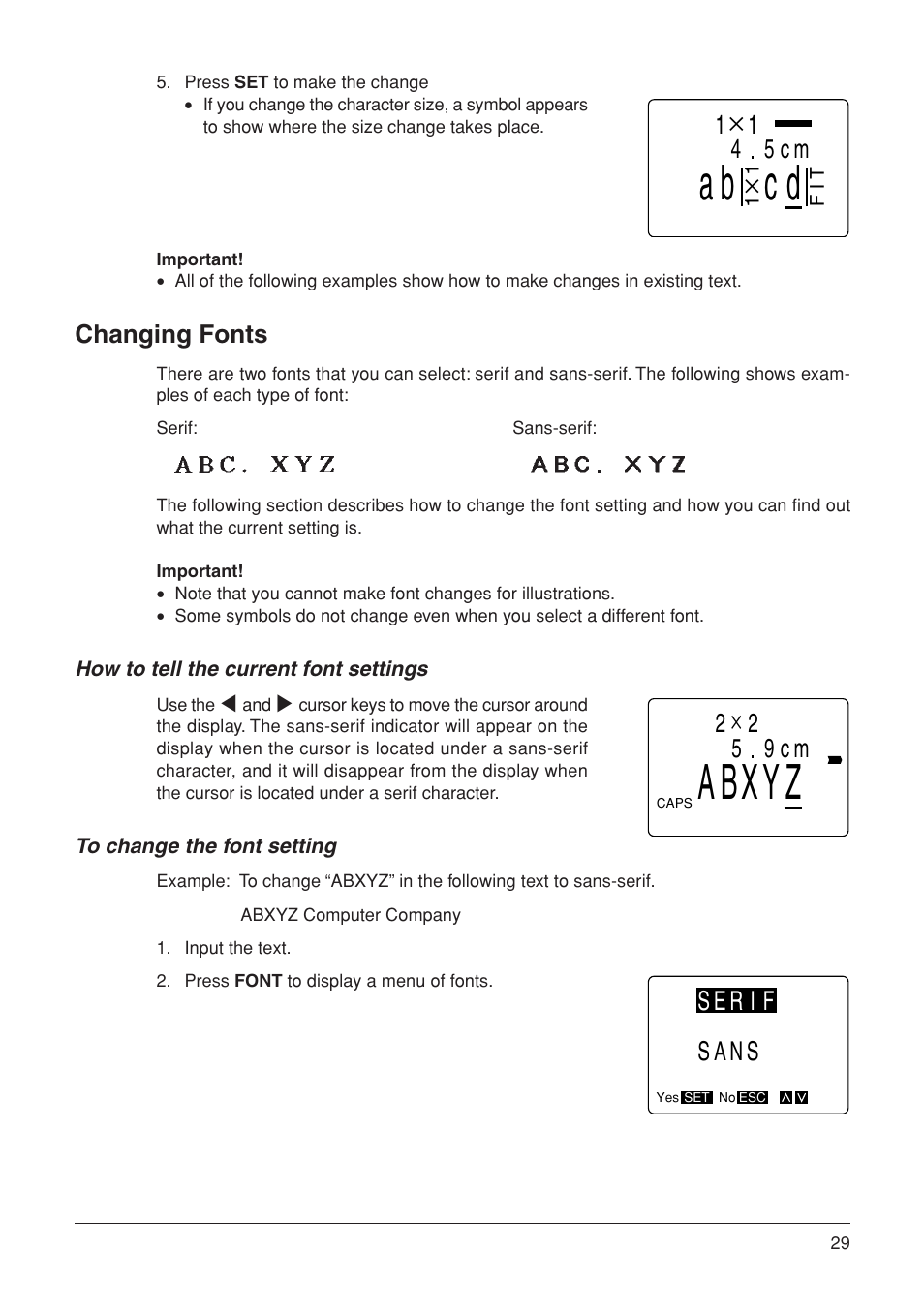 Cd ab, Ba xyz, 14 5cm | 25 9cm, Serif sans, Changing fonts | Casio KL-7000 User Manual | Page 30 / 81