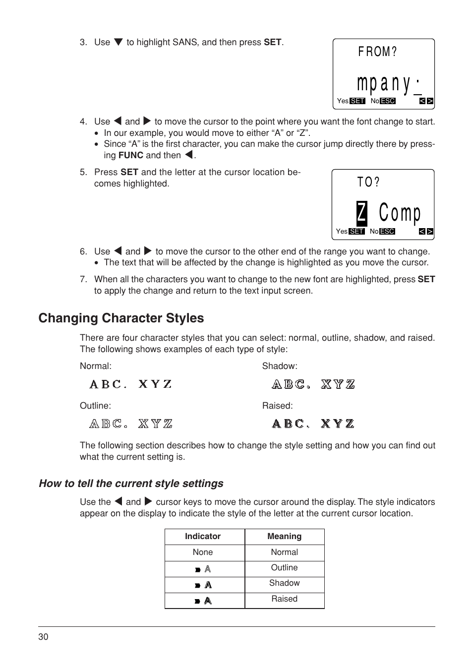 Mpany, Zcomp, From | Changing character styles, How to tell the current style settings | Casio KL-7000 User Manual | Page 31 / 81