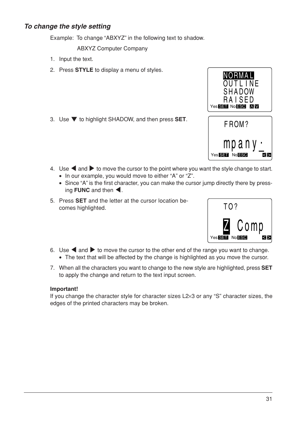 Zcomp, Mpany, Normal outline shadow raised | From | Casio KL-7000 User Manual | Page 32 / 81