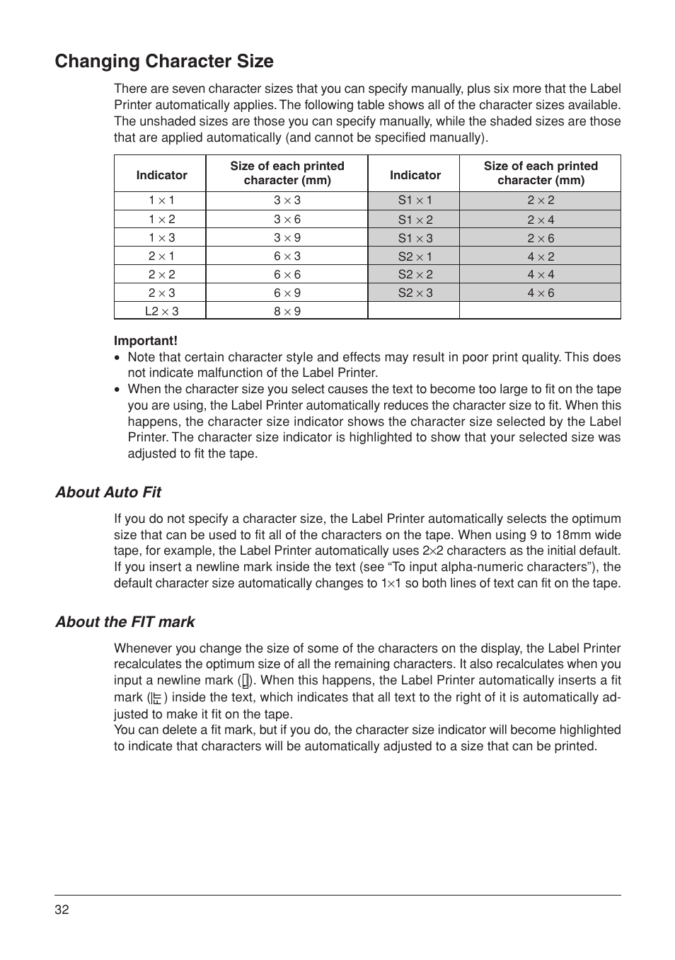 Changing character size, About auto fit, About the fit mark | Casio KL-7000 User Manual | Page 33 / 81