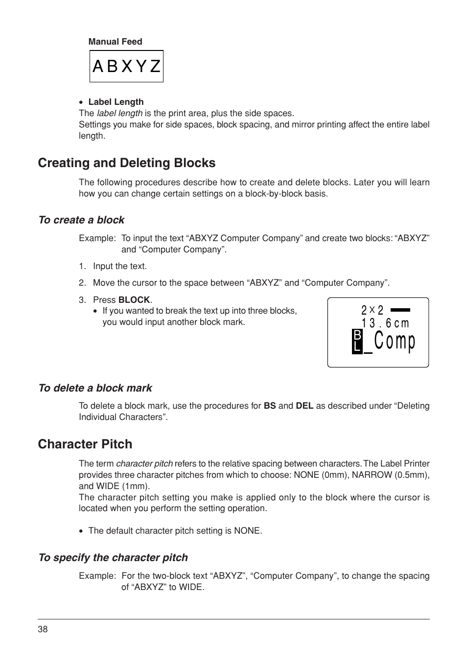 Comp, 213 6cm, Creating and deleting blocks | Character pitch | Casio KL-7000 User Manual | Page 39 / 81