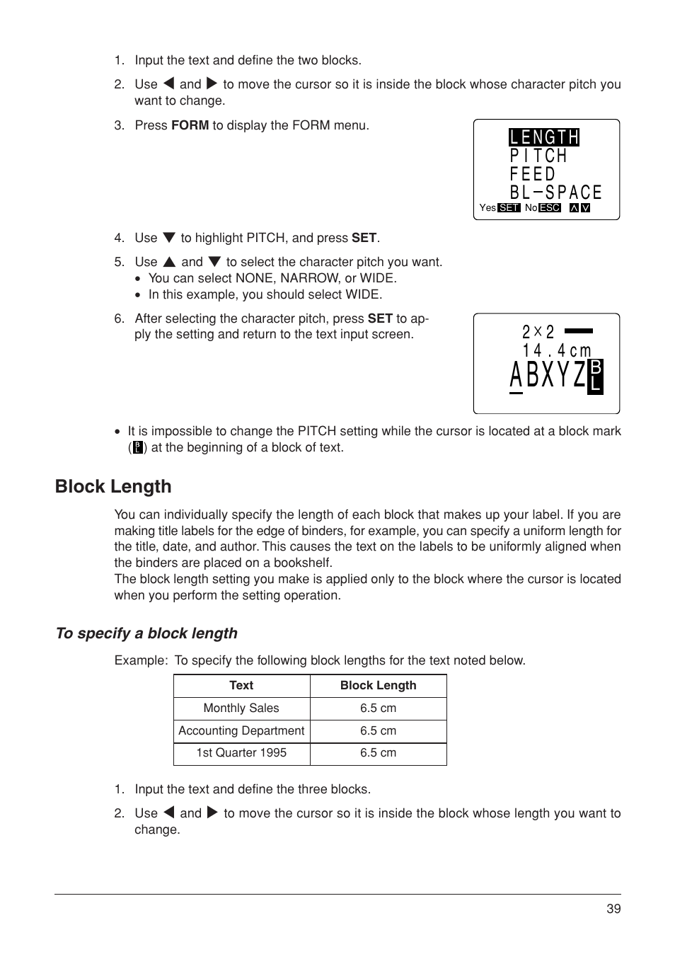 Ba xyz, 214 4cm, Length pitch feed bl space | Block length | Casio KL-7000 User Manual | Page 40 / 81