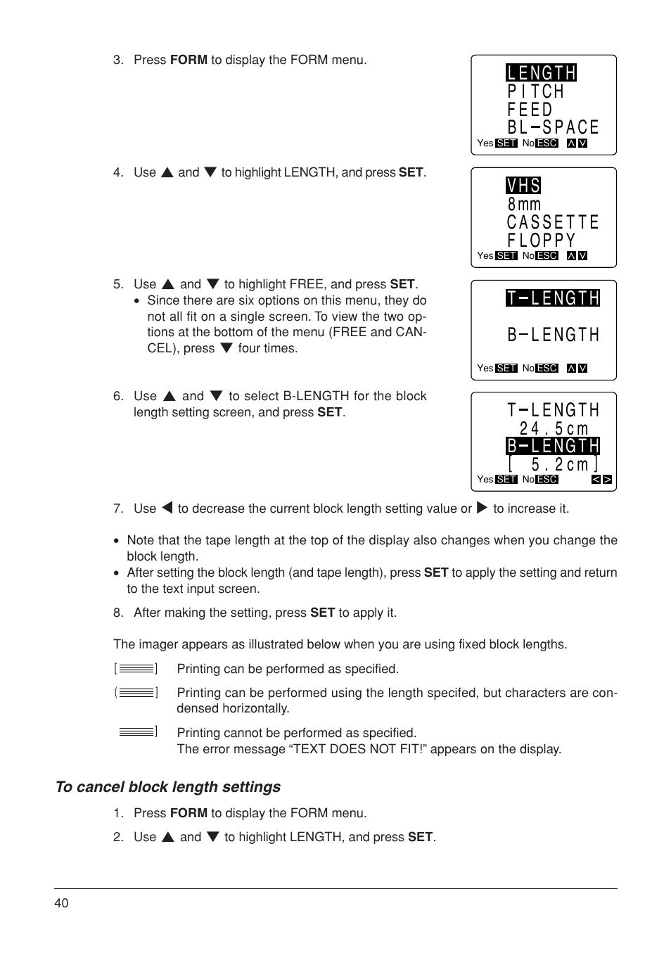 Vhs 8mm cassette floppy, T length b length, Length pitch feed bl space | Casio KL-7000 User Manual | Page 41 / 81
