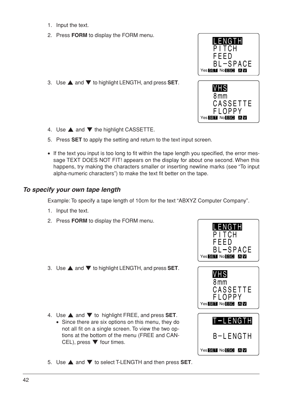 Length pitch feed bl space, Vhs 8mm cassette floppy, T length b length | Casio KL-7000 User Manual | Page 43 / 81