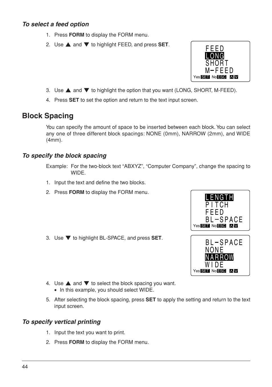 Feed long short m feed, Bl space none narrow wide, Length pitch feed bl space | Block spacing | Casio KL-7000 User Manual | Page 45 / 81