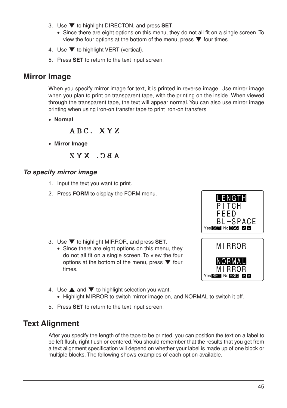 Length pitch feed bl space, Mirror normal mirror, Mirror image | Text alignment | Casio KL-7000 User Manual | Page 46 / 81