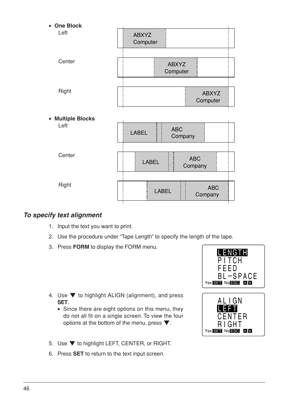 Length pitch feed bl space, Align left center right | Casio KL-7000 User Manual | Page 47 / 81