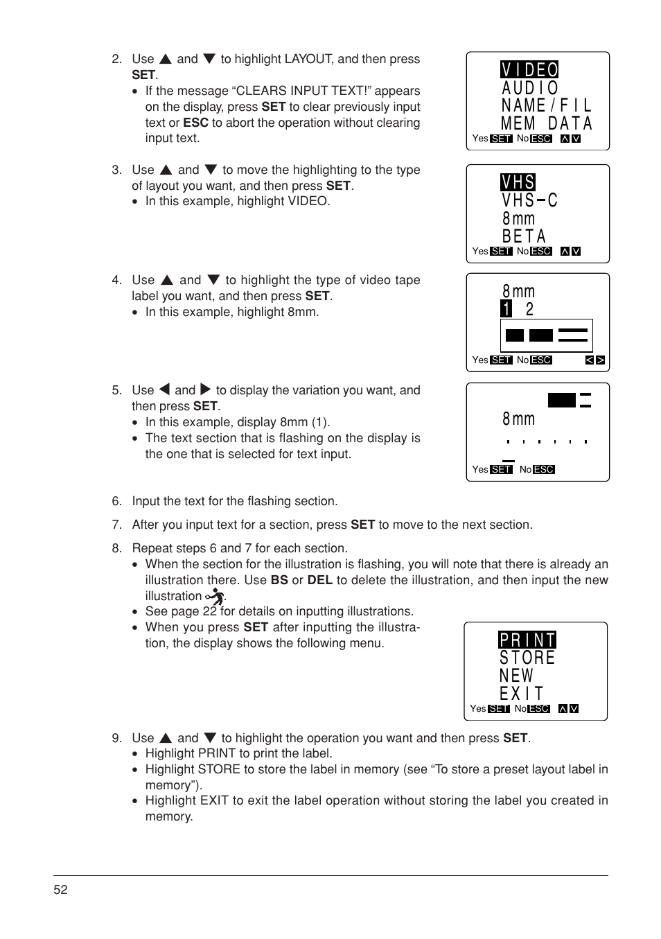 8mm 1 2, Video audio name/fil mem data, Vhs vhs c 8mm beta | Print store new exit | Casio KL-7000 User Manual | Page 53 / 81