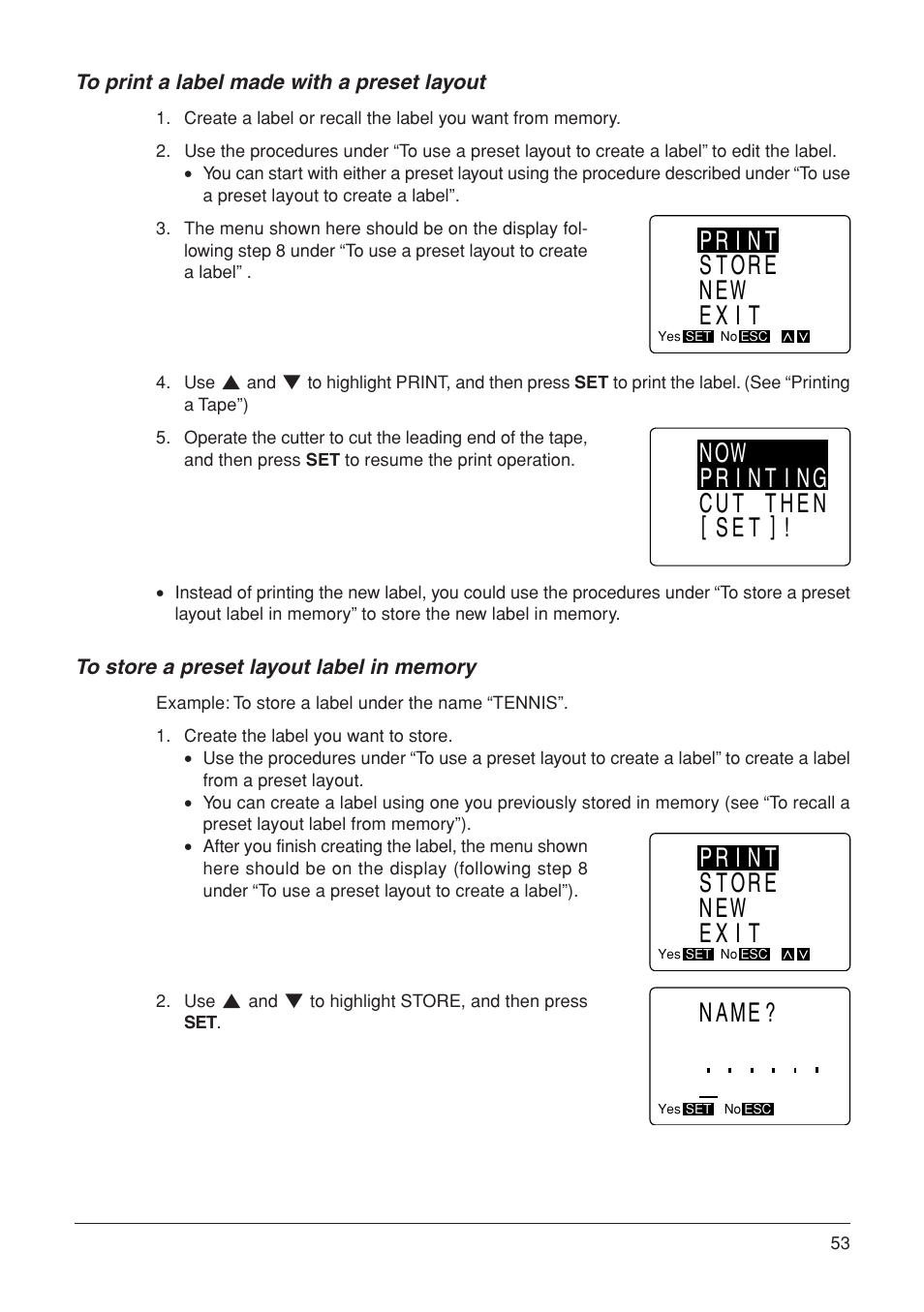 Print store new exit, Now printing cut then [set, Name | Casio KL-7000 User Manual | Page 54 / 81